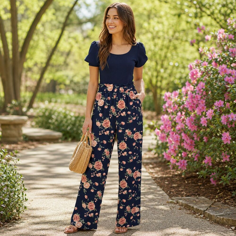 Navy Floral Straight Leg Jumpsuit Francesca's mi ami XXS Puff Sleeve Boho